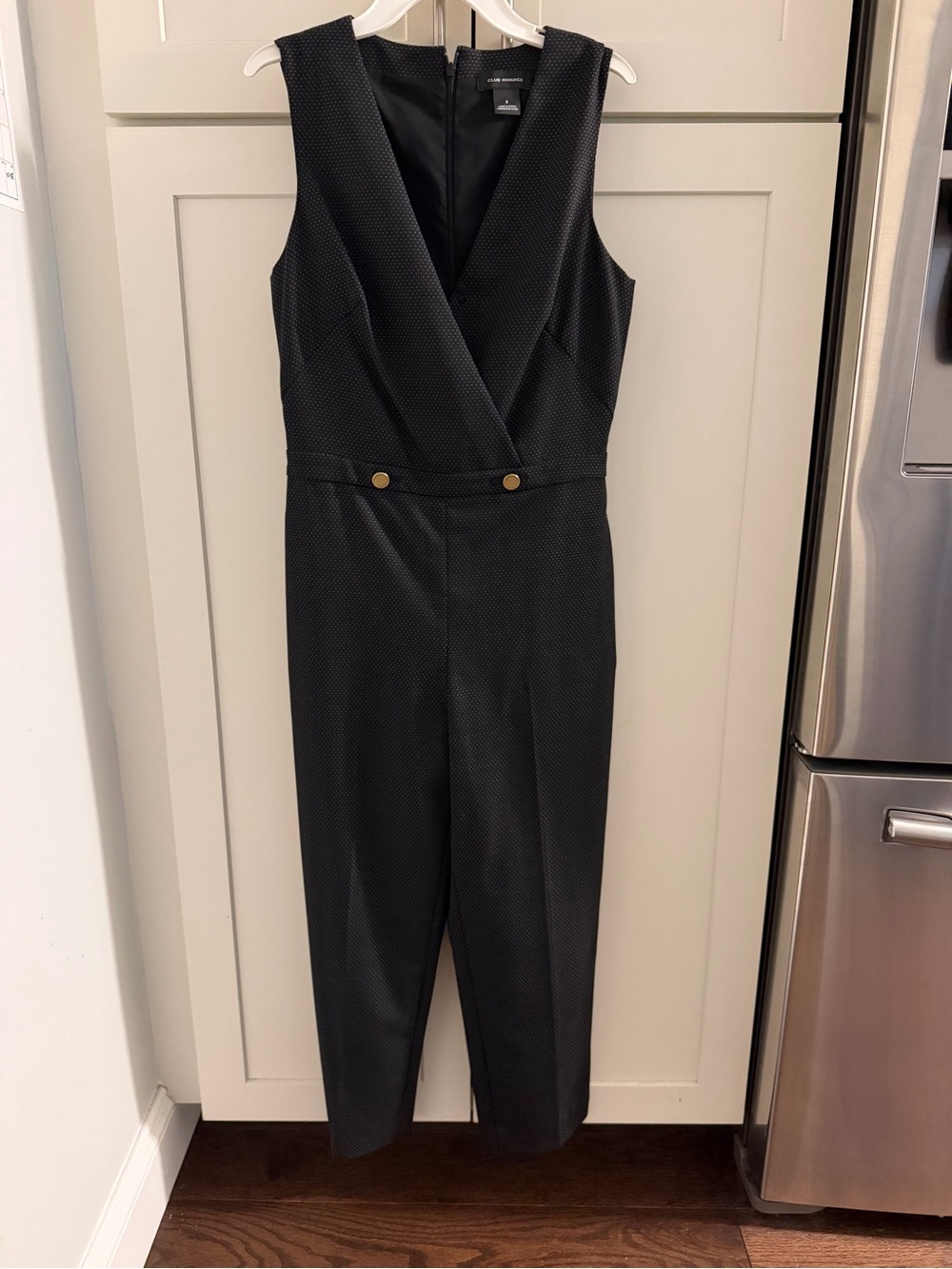 Club Monaco Black Dotted Sleeveless Tailored Jumpsuit with Gold Buttons
